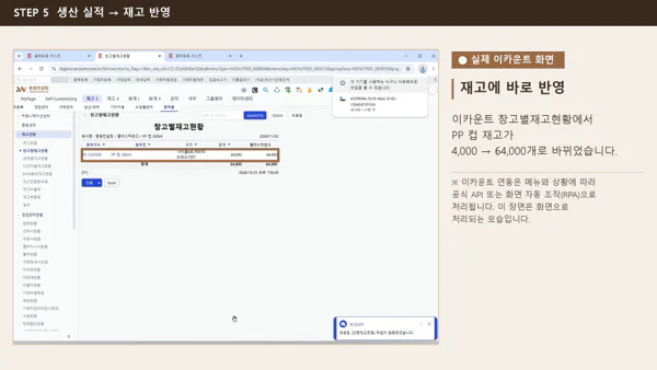 생산 실적-> 재고반영 : 재고에 바로 반영